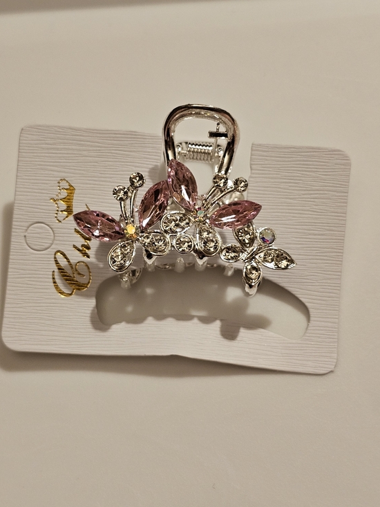 Accessories - Rhinestone Pink ButterflyHair Claw Clip - Silver Finish